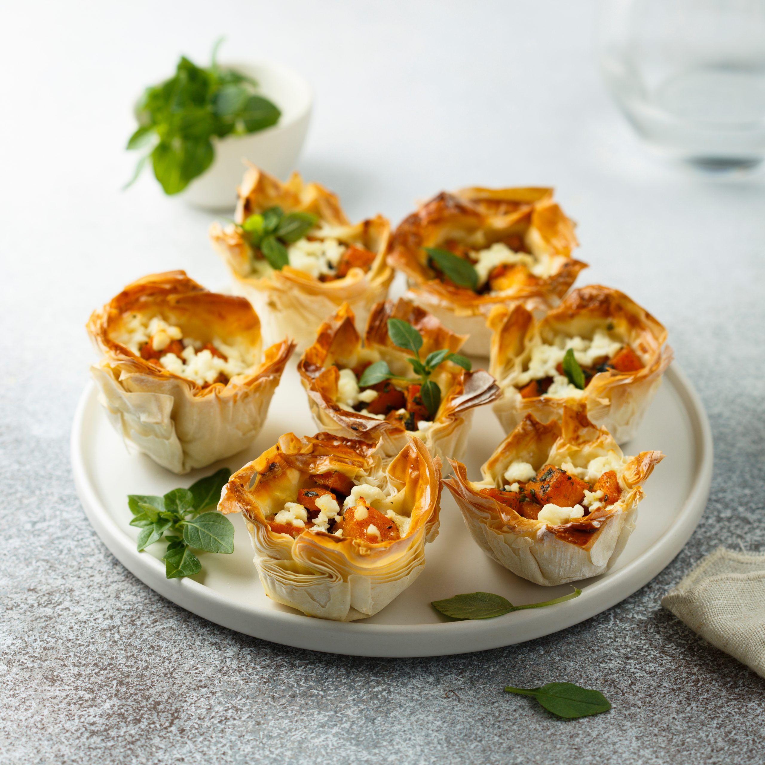 Filo Cups with Roasted Pumpkin, Spinach and Feta Cheese Pidy Global